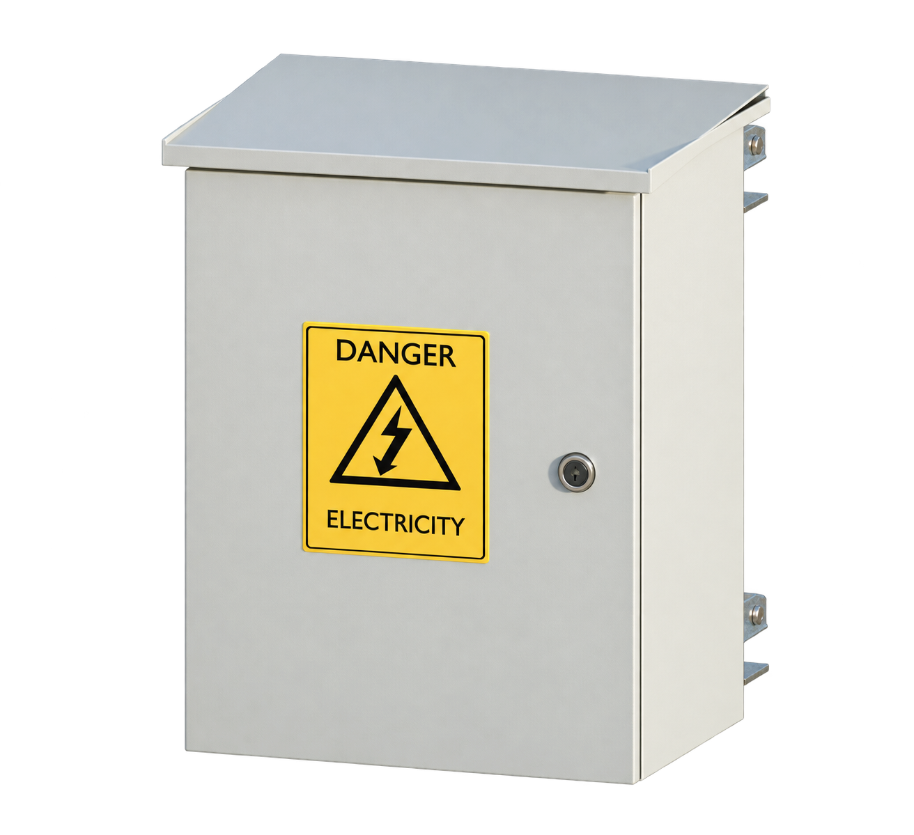 Transparent Blender render of the roadside electrical cabinet with a danger electricity warning label