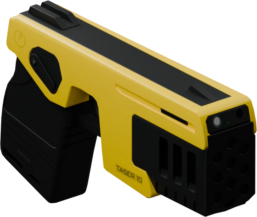 The TASER 10 model in yellow and black, three-quarter view
