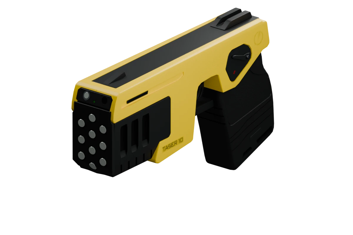 TASER 10 model, front three-quarter with bright cartridge contacts